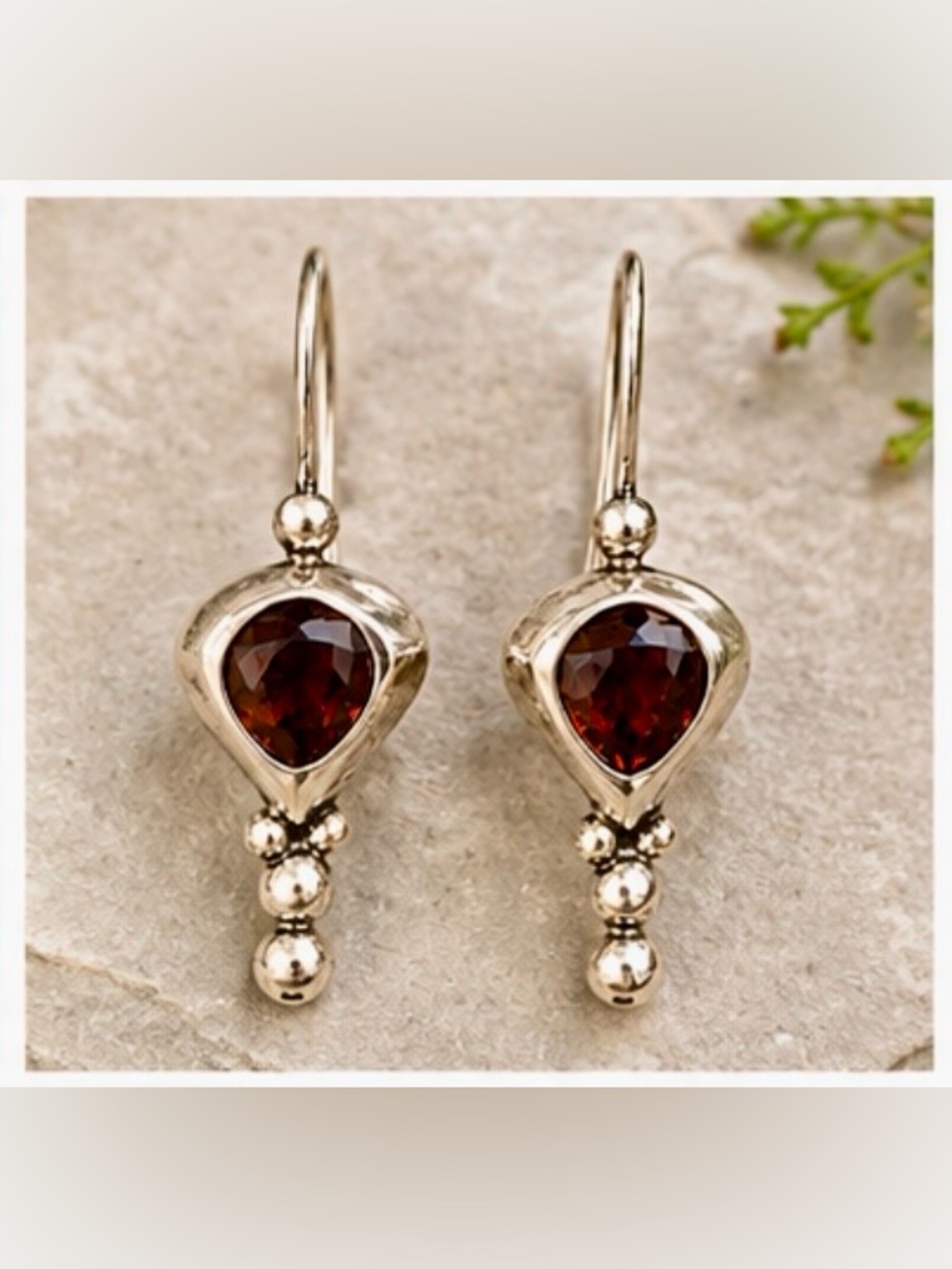 Vintage 1990s Sterling Silver Garnet Drop Earrings | Vermont Studio Artisan